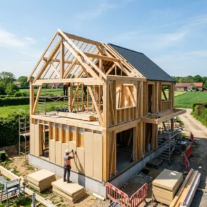 Houtskeletbouw constructie en houtskeletbouw woning onder constructie in Belgie voor optimaal E-peil
