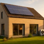 Moderne Belgische woning met zonnepanelen en warmtepomp — E-peil optimalisatie