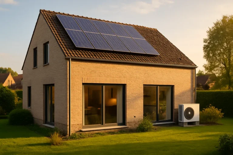 Moderne Belgische woning met zonnepanelen en warmtepomp — E-peil optimalisatie